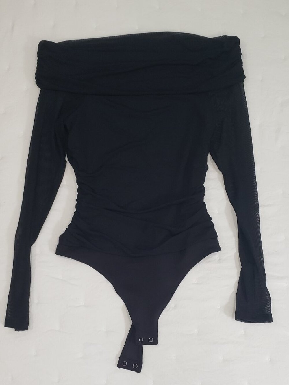 Express Mesh Sleeved Off The Shoulder Ruched Bodysuit